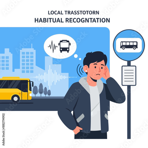 Man at bus stop experiences loud city noise and bus sounds