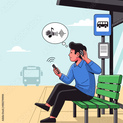 Man listening to music on phone at bus stop