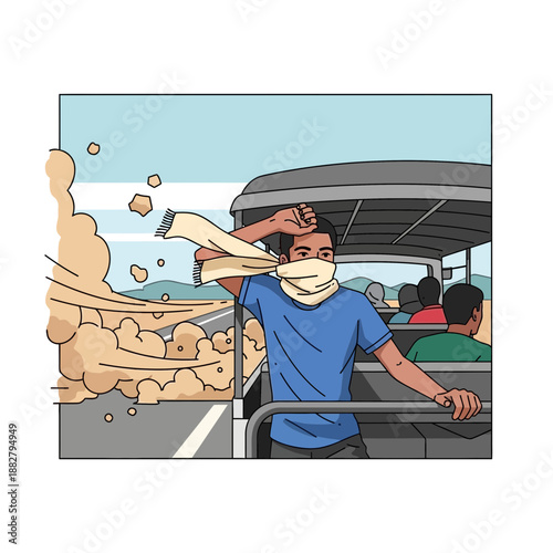 Man on open vehicle, wind blowing dust, wearing scarf over face