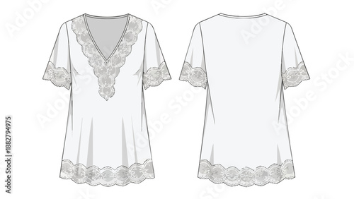 Technical flat sketch of a women's lace-trimmed V-neck short-sleeve blouse fashion design for clothing production and textile development a detailed