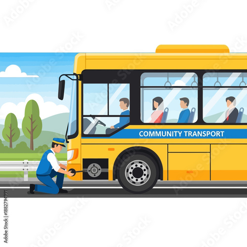 Mechanic fixing bus wheel, community transport service, passengers inside