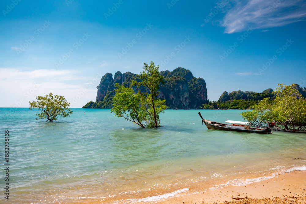 Obraz premium Krabi, Thailand. Railay Beach and long tail boats