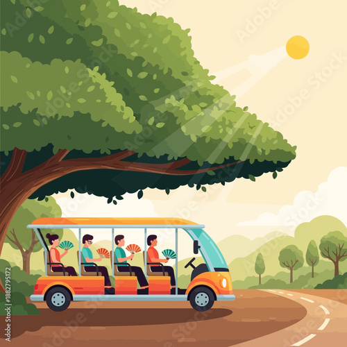 Tourists enjoy open-air transport under a large tree on a sunny day