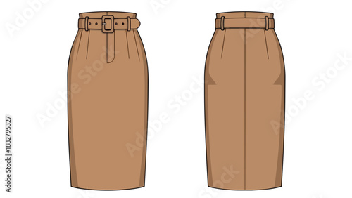 Technical illustration of a refined high-waisted belted pencil skirt in a versatile earth-toned brown, showcasing both front and back views for