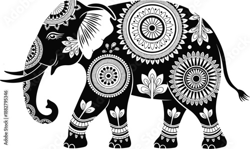 Detailed black and white elephant illustration with intricate mandala patterns for decorative wall art spiritual design projects traditional art prints cultural textile designs elegant invitations sta