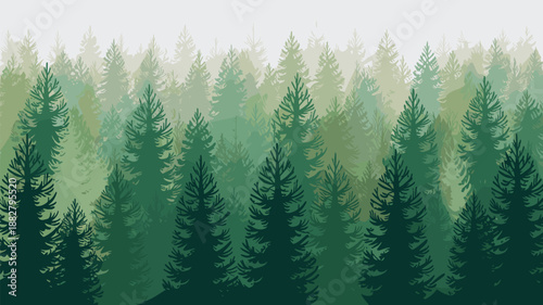 Dense green pine tree forest illustration in varying shades of color gradient background for nature conservation environment sustainability outdoor adventure travel tourism forestry projects natural w