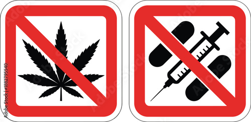 No drugs and marijuana concept with prohibition signs illustrating drug abuse prevention and public health awareness campaign against addiction and substance abuse in communities educational resources