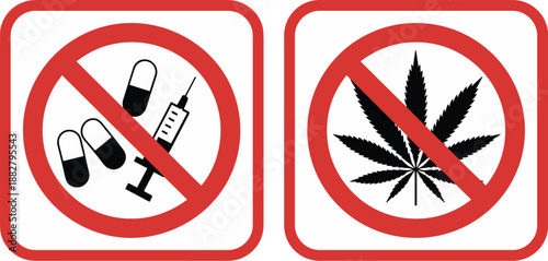 Anti Drug Symbol Set with Pills and Syringe Needles Plus Cannabis Marijuana Leaf in Red Circle Prohibition Sign Concept for Awareness Campaigns and Health Education Programs Addiction Prevention Illus
