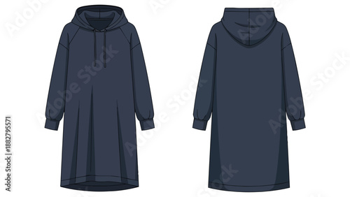 Modern navy blue longline hoodie dress technical flat sketch for fashion design product mockups
