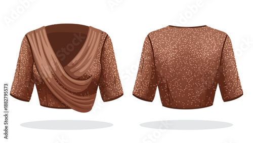 Sparkling brown blouse with elegant draped neckline and shimmering textured fabric for fashion