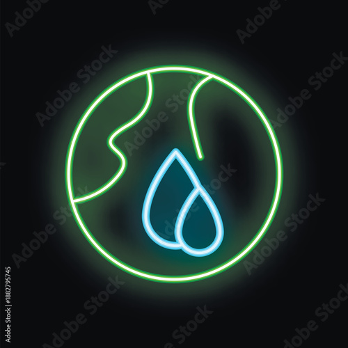 Neon icon showing water drops on planet earth, raising awareness about water scarcity and climate change