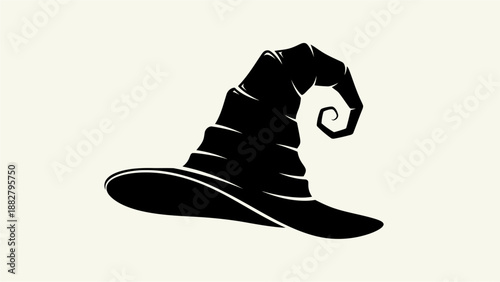 Black silhouette of a classic witch hat with a pointed, spiraled top and a wide brim on a light background.