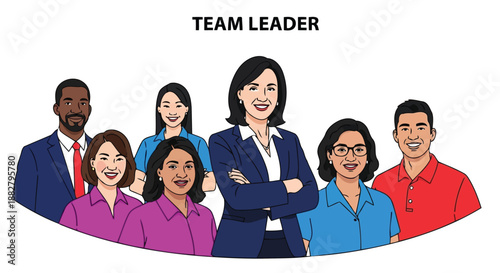 Diverse business team with confident female leader vector illustration