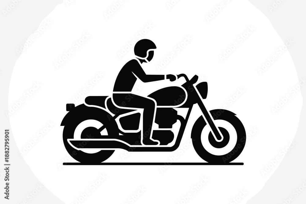 Fototapeta premium Motorcycle rider in black silhouette riding motorbike wearing helmet on open road for transportation travel concept simple graphic design element for motorcycle rider safety and awareness campaigns ve