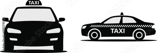 Modern black taxi cab illustration set in clean vector style front and side view for urban transportation public transit marketing materials corporate branding taxi service app design and city travel