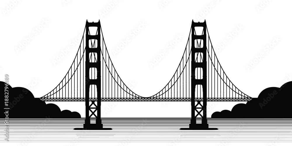 Fototapeta premium Iconic Golden Gate Bridge silhouette landmark over calm water vector graphic illustration travel destination tourism cityscape design for San Francisco California tourism marketing materials and engin