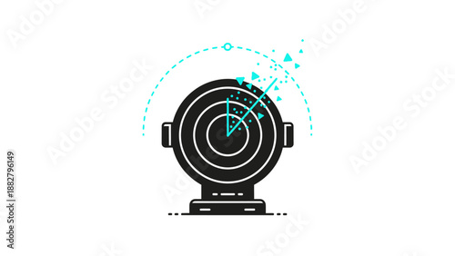 A black radar dish or target scope emitting light blue signals and tracking data.