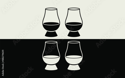 Elegant whisky glasses filled with dark and light spirits on contrasting black and white background minimal barware illustration for beverage marketing materials liquor advertisement drink presentatio