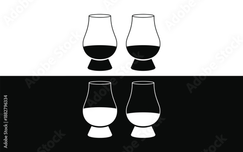 Elegant tulip-shaped whisky glasses showcasing premium spirits in contrasting black and white minimalist design for liquor branding and advertising campaigns beverage industry product presentation sop