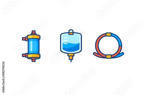 Medical icons: Dialyzer, IV bag, and blood loop