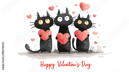 Three cartoon black cats holding red hearts with floating additional hearts against a white background. Three black cats holding hearts celebrating Valentine's Day