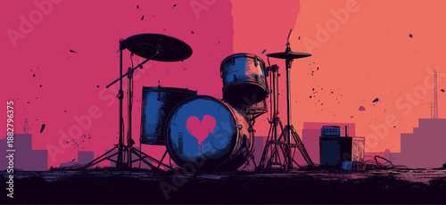 Drummer performing on a city rooftop at sunset, playing a song about love. Drummer playing love song on urban rooftop