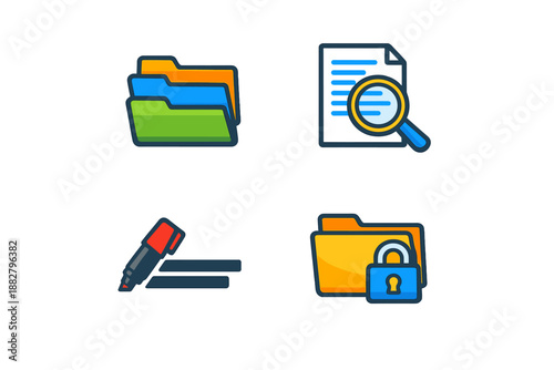 Set of four icons representing digital file management and security