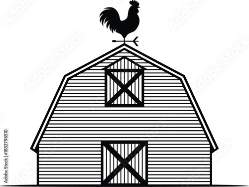 Classic barn with rooster weather vane silhouette vector illustration standing tall in rural countryside farmland landscape for agricultural business branding country living lifestyle graphic design p