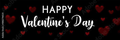 White handwritten Happy Valentines Day text surrounded by red hearts on a black background. Happy Valentines Day greeting text with red hearts