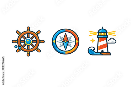Nautical icons: ship's wheel, compass, and lighthouse