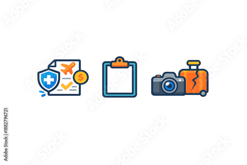 Insurance icons: travel, medical, and claim