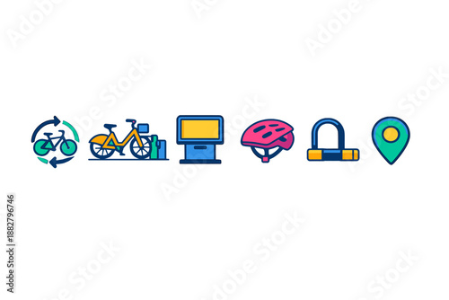 Bicycle sharing icons with glowing effect on dark background