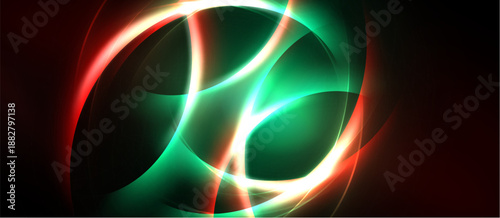 Abstract swirls, vibrant colors, red, green, white. Dynamic composition creates luminous effect, dark background enhances contrast.