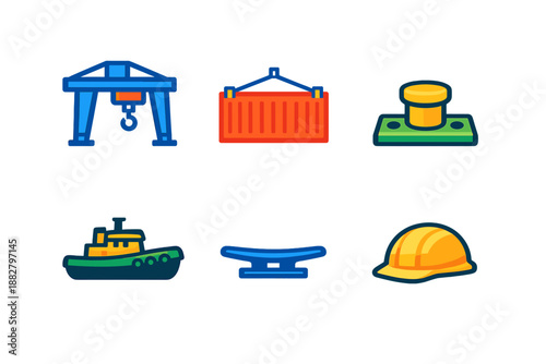 Set of six industrial icons with glowing neon effect