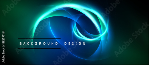 Abstract flowing lines create vibrant blue, green glow. Dark background emphasizes luminous curves, text reads background design.