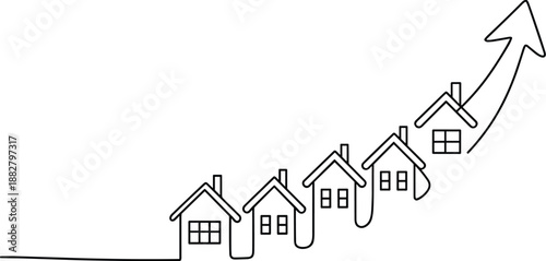 Minimalist line drawing of houses showing price increase with upward arrow depicting real estate market growth and investment success for financial planning property value appreciation and economic de