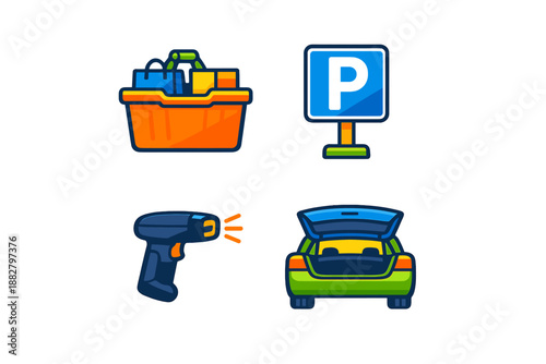 Shopping and Parking Icons with Car Trunk and Scanner