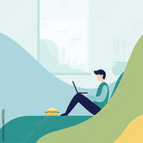 A Person Working Remotely With Laptop And A Hamburger Beside A Window In A Colorful Room