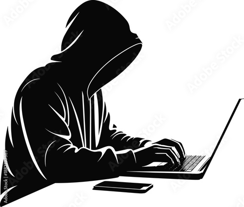 Anonymous hooded hacker using laptop for cyber attack internet security threat online privacy breach criminal activity data theft fraud concept for technology cybersecurity presentations and marketing