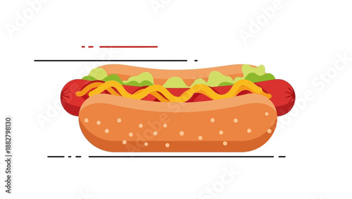 A Tasty And Colorful Hotdog Illustration With Mustard And Green Garnish On White Background