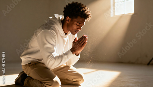 Young Black man kneeling in prayer in a beam of sunlight. Spiritual person showing devotion and faith. Concept of hope and religion