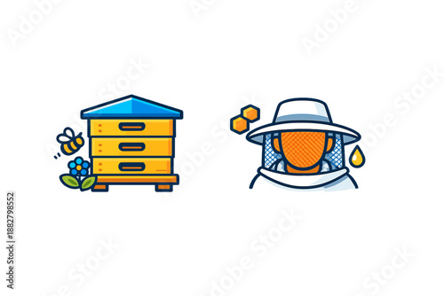 Beekeeping icons with hive and beekeeper