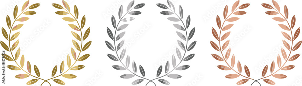 Obraz premium Set of gold silver bronze laurel wreaths award achievement honoring different competition ranking positions vector illustration for sports events business presentations marketing materials and graphic
