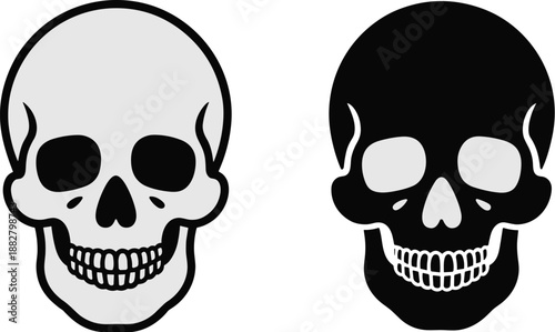 Halloween horror concept featuring black and white skull graphic icons for spooky season decorations gothic fashion merchandise and day of the dead celebration designs for posters invitations and part