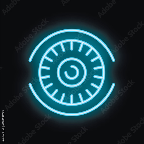 Bright neon eye glowing with blue light on a black background