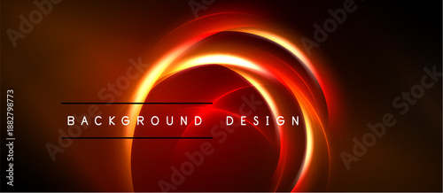 Abstract design features glowing red circular layers. Dark background enhances vibrant color contrast, creating dynamic visual effect.