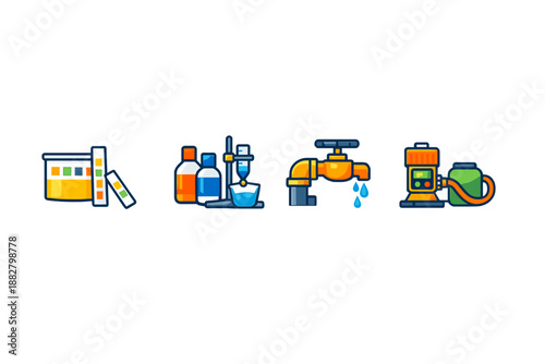 Set of icons representing water testing and treatment