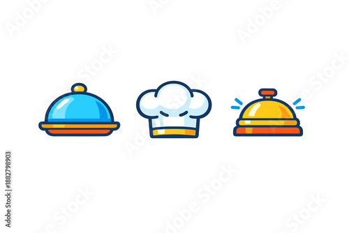Food service icons: cloche, chef hat, and bell