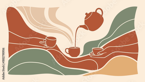 Abstract Illustration of Tea Ceremony: Warm Tones, Hands Holding Cups, and a Teapot
