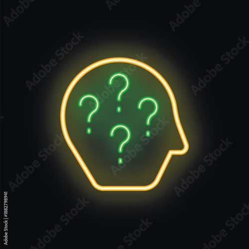 Neon style icon representing curiosity with multiple green question marks inside a human head drawn with an orange outline on a black background